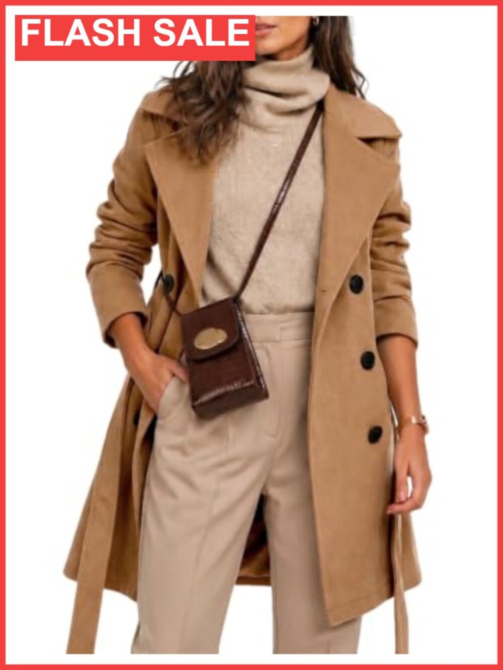 Wool Blend Double Breasted Midi Trench Coat with Belt